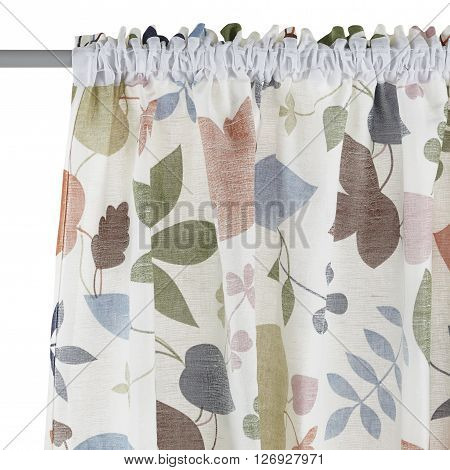 Fragment of the translucent curtain with mount. Floral pattern. Back view. Isolated on white background. Include path.