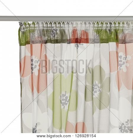 Fragment of the translucent curtain with mount. Floral pattern. Back view. Isolated on white background. Include path.