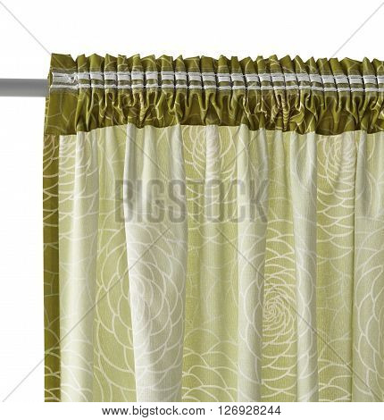 Fragment of the curtain with mount. Floral pattern. Back view. Isolated on white background. Include path.