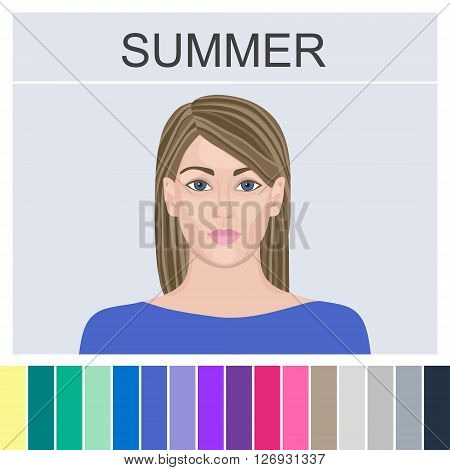 Stock vector summer type of female appearance. Face of young woman. Seasonal color analysis palette