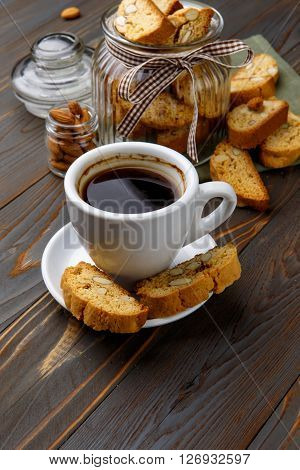 Italian cantuccini cookie with almond filling. Studio shot, isolated on wooden background