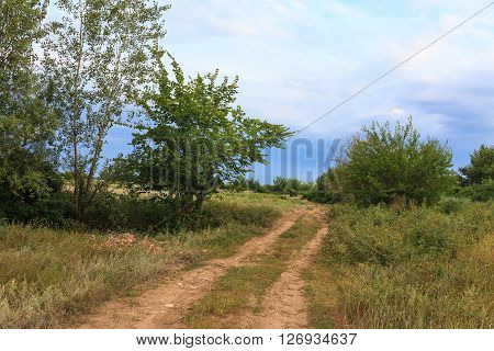 Country road. The landscape of the Russian village on the Volga river