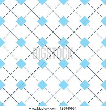 Rhomb vector seamless pattern. Geometric seamless texture with blue rhombs and diagonal perpendicular dashed lines on white background. EPS8 vector illustration. Pattern swatch included.