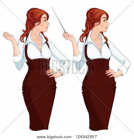 Vector Illustration. Beautiful young business woman presenting something. Isolated on white background