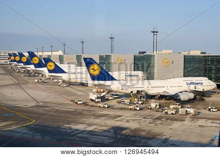 FRANKFURT, GERMANY - MARCH 13, 2016: view of Frankfurt Airport in the morning. Frankfurt Airport is a major international airport located in Frankfurt and the major hub for Lufthansa 