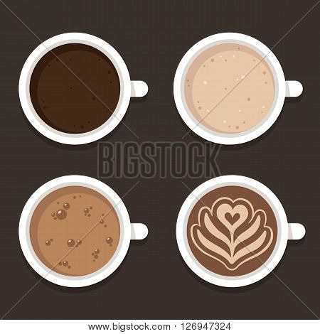 Different types of coffee: espresso cappuccino and latte art. Top view coffee cups vector illustration. Flat icon set.