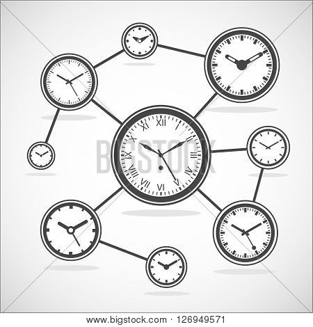 Time synchronization diagram. Clock sync. Internet time connection scheme. - Outline Isolated Vector Illustration. Simplified Lines Design.
