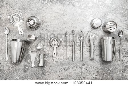 Bar accessories and tools for making cocktail. Shaker jigger strainer spoon. Food and beverages