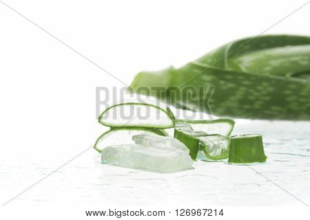 The flesh of aloe vera cut the peel isolated on a white background. Soft focus.