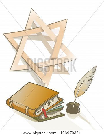 Ancient book and feather and Star of David sign as Judaic symbol on religion an knowledge theme. vector drawing illustration