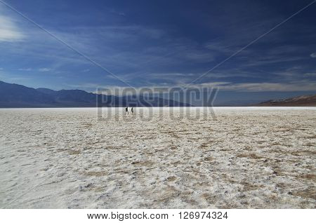 Bad Water Basine in Death Valley (California) - people on salt field