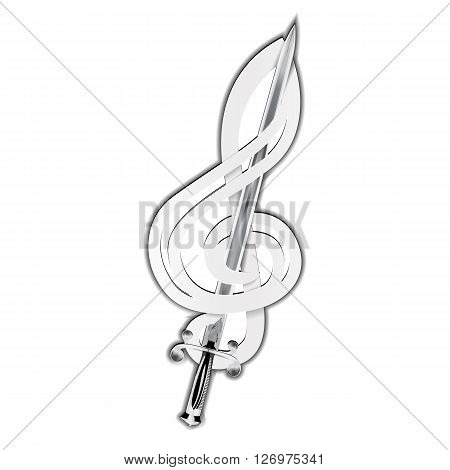 Vector illustration of a treble clef medieval sword pierced. Isolated object can be used with any image or text.