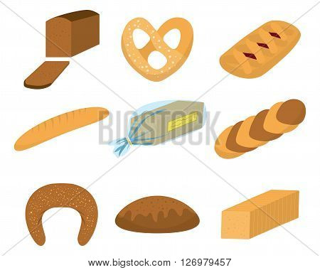 Different kinds of bread set for cafe menu. Collection of pastry or bakery items isolated on white for print or web. Cartoon bread. Packing