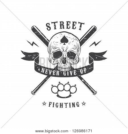 Monochrome vector illustration street fighting club emblem. The skull on a background with crossed baseball bats and brass knuckles. Ribbon with the inscription: Never give up.