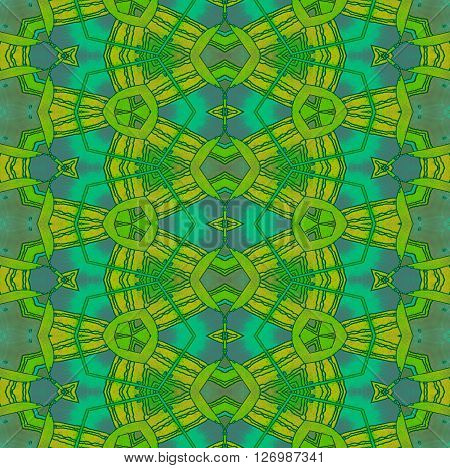 Abstract geometric seamless background, drawing. Extensive diamond pattern with various elements in yellow, orange, bright green, gray and turquoise and wiggly lines.