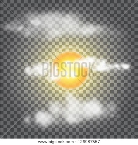Vector transparent sun, different clouds, sunlight. Transparent sun flash with rays. Transparent sun. Transparent cloud. Vector illustration