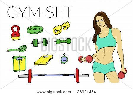 Fitness woman in training. Gym set, Vector stock illustration