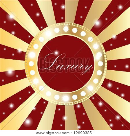 Shining gold circle vintage banner with lights on retro red and golden background. Vector illustration