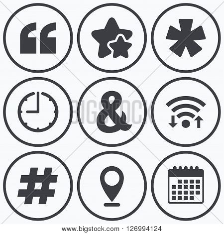 Clock, wifi and stars icons. Quote, asterisk footnote icons. Hashtag social media and ampersand symbols. Programming logical operator AND sign. Calendar symbol.