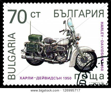 STAVROPOL RUSSIA - MARCH 30 2016: a stamp printed in Bulgaria shows an old motorcycle Harley - Davidson 1950 USA cirka 1992