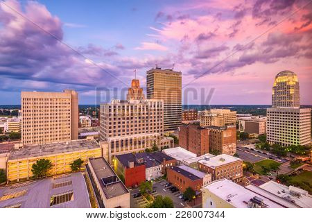 Winston-Salem, North Carolina, USA skyline at dusk.