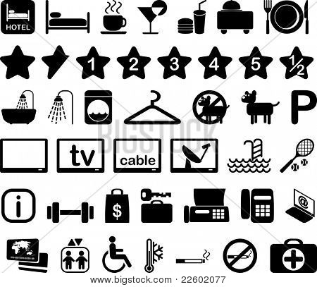 Hotel functies en diensten icon set zwart-wit afbeelding