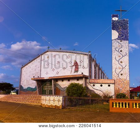 Cañas, Costa Rica - December 26: Beautiful Catholic Church Covered In Mosaic Tiles In Cañas Guanacas