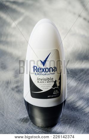 Kwidzyn, Poland - February 3, 2018: Rexona Deodorant Isolated On Metal Background. Rexona Is Deodora