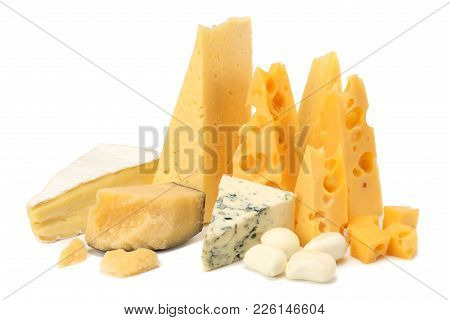 Variety Of Cheese Isolated On White Background. Different Sorts Of Cheese.