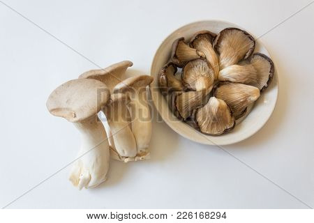 Shallow Dish Of Pleurotus Ostreatus Oyster Mushrooms And Pleurotus Eryngii King Trumpet Mushrooms, I