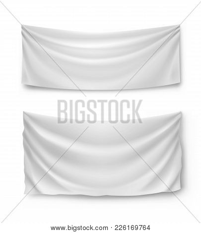 White Banner Flags, Realistic Isolated Vector Illustration. Wide Horizontal Canvases For Advertising