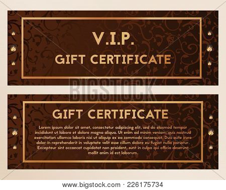 A Gift Certificate Is Richly Decorated With Diamonds. Voucher Brown With Precious Stones. Vector Ill