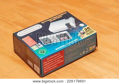 BUDAPEST, HUNGARY - DECEMBER 10, 2017: Nintendo NES classic edition video game console. Modernized version of the original with preinstalled games