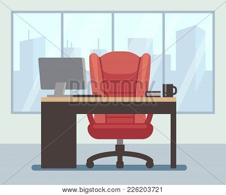 Modern Boss Room With Big Window And Laptop On Desk. Empty Contemporary Office Interior. Business Ve