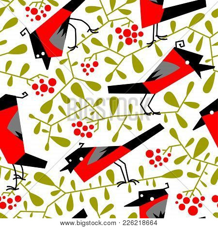 Bullfinch Seamless Pattern In Flat Simple Style. Doodle Floral Botany Background With Rowan Branches
