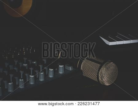 Mixer, Condenser Microphone And Professional Monitor. Concept Of Home Music Studio.