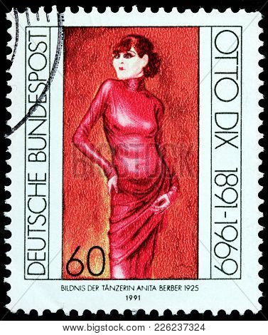 Luga, Russia - February 08, 2018: A Stamp Printed By Germany Shows Portrait Of Anita Berber - A Germ