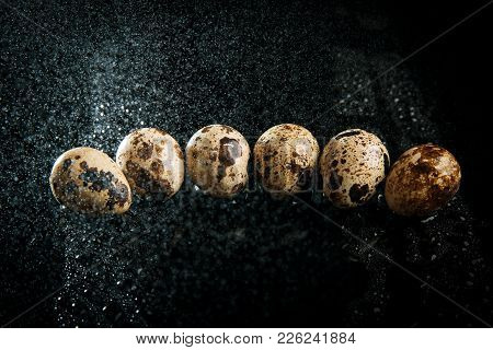 Quail Eggs In Splashes Of Water On A Black Background
