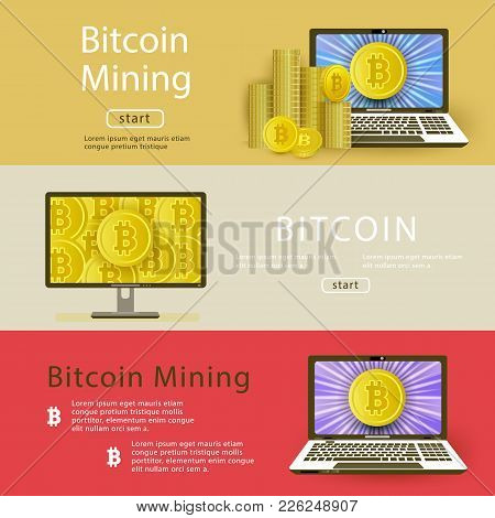 Vector Bitcoin Mining Posters Template Background Set. Illustration On Colored Background With Golde