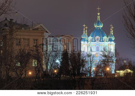 Evening Illumination Of St. Andrew's Church And Museum Of The History Of Ukraine. Evening City Panor