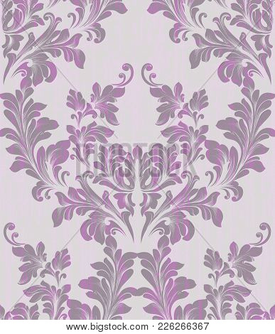 Baroque Damask Pattern Texture In Ultra Violet Color Vector. Royal Fabric Background. Luxury Backgro