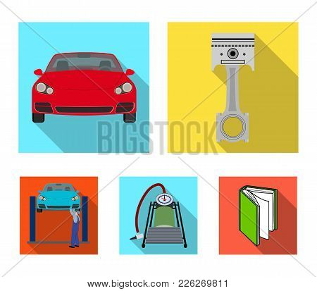 Car On Lift, Piston And Pump Flat Icons In Set Collection For Design.car Maintenance Station Vector 