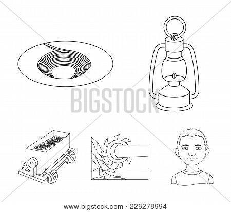 A Miner's Lamp, A Funnel, A Mining Combine, A Trolley With Ore.mining Industry Set Collection Icons 