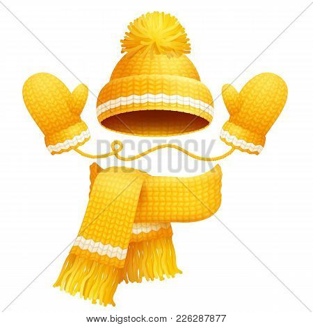 Cute Yellow Hat With Pretty Bubo On It, Scarf And Gloves With White Lines Vector Illustration Of Kni