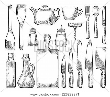 Set Kitchen Utensils. Wood Cutting Board, Manual Grinder, Spade Of Frying Pan, Knife, Spoon, Fork, B