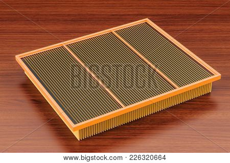 Air Filter For Car On The Wooden Table. 3d Rendering