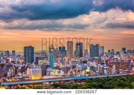 Osaka, Japan skyline at twilight.