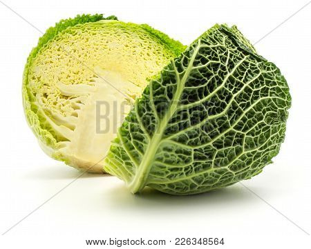 Savoy Cabbage Cut In Half Isolated On White Background Fresh Green Two Halves