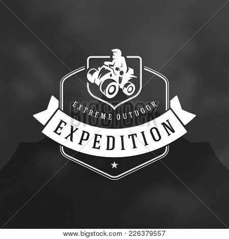 Atv Logo Emblem Vector Illustration. Off Road Mountains Expedition, Quad Bike And Man Silhouette Shi
