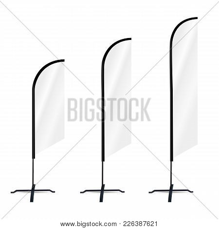 Set Of Promotional Flags Banner Mockup. Blank Advertising Vertical Flag Isolated On White Background